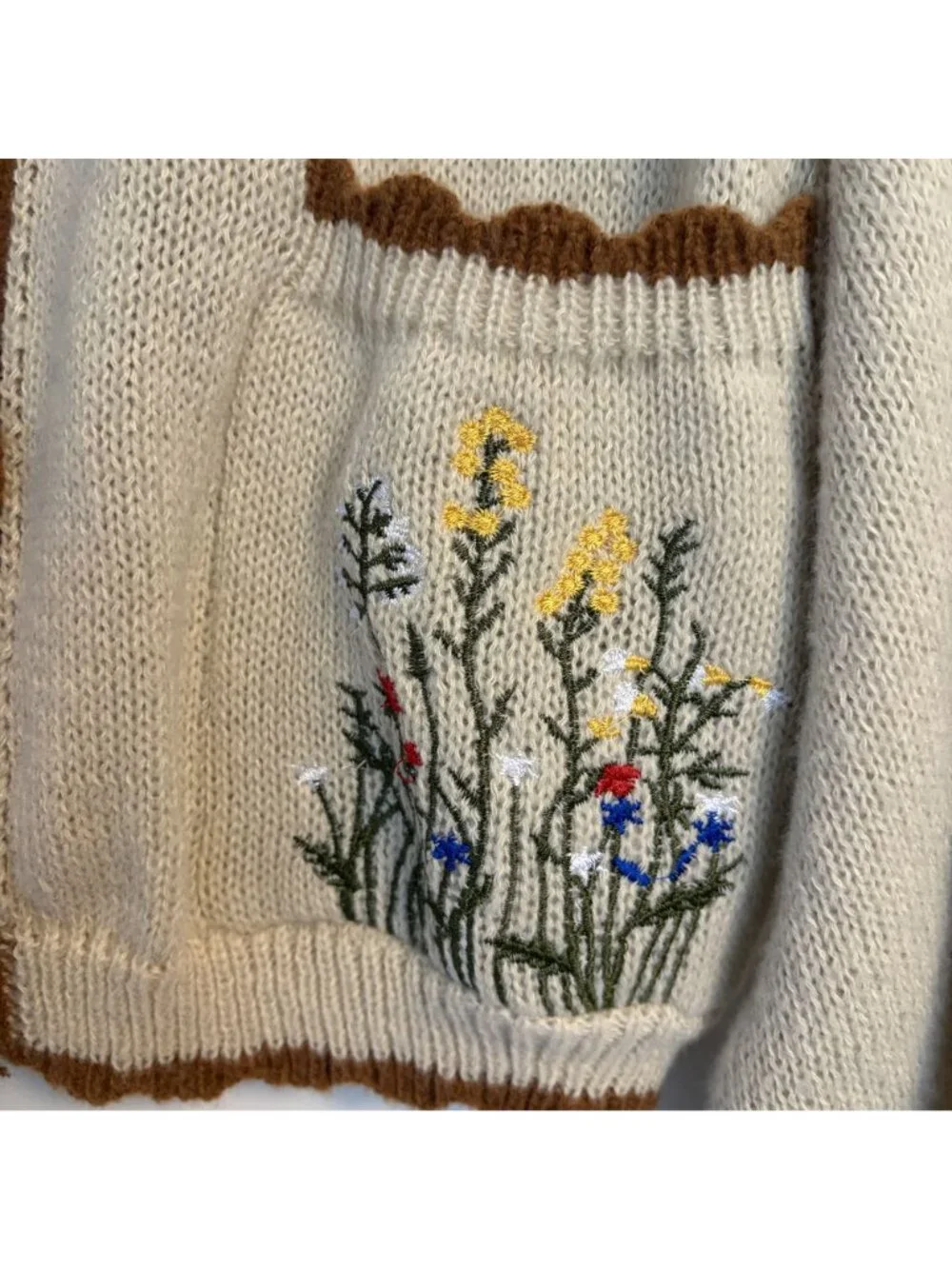 Cottagecore Beige Knit Cardigan 1XL Floral Embroidery Pockets Button Spring NEW - Picture 11 of 16